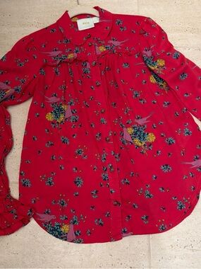 Anthropologie Maeve Red Floral Bird-Print Button Front Blouse Size 0